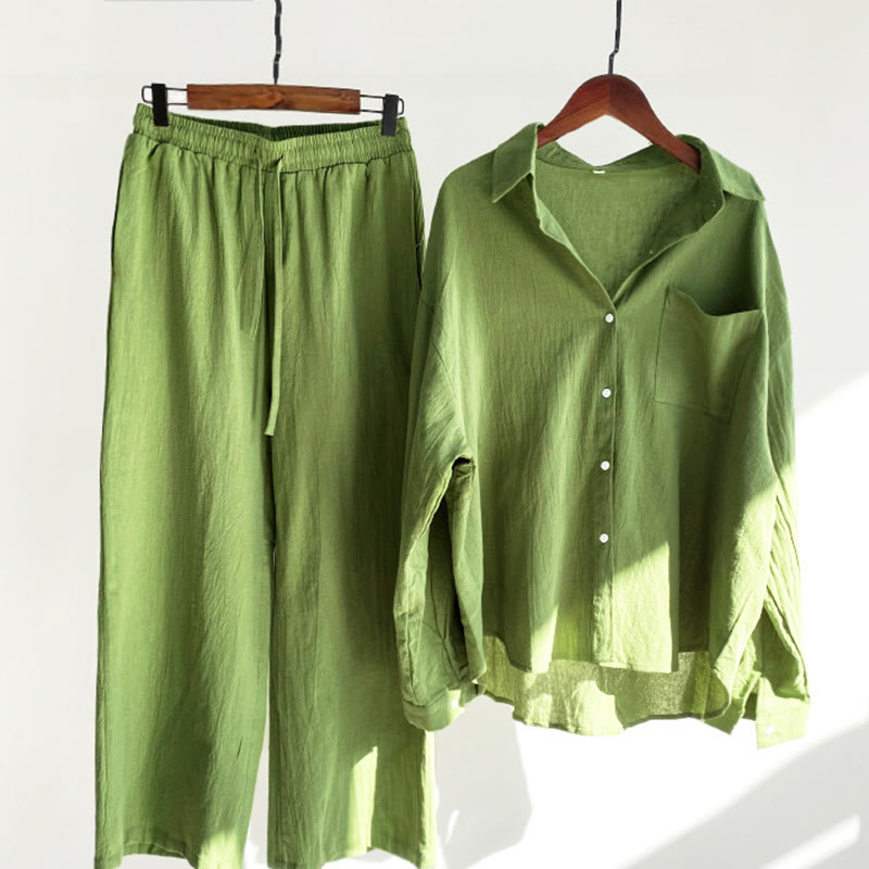 Buddha Stones 2Pcs Long Sleeve Shirt Top With Pockets Drawstring Capri Pants Meditation Cotton Clothing Women's Set