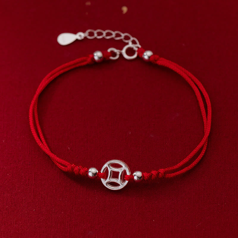Buddha Stones 925 Sterling Silver Hollow Copper Coin Luck String Bracelet