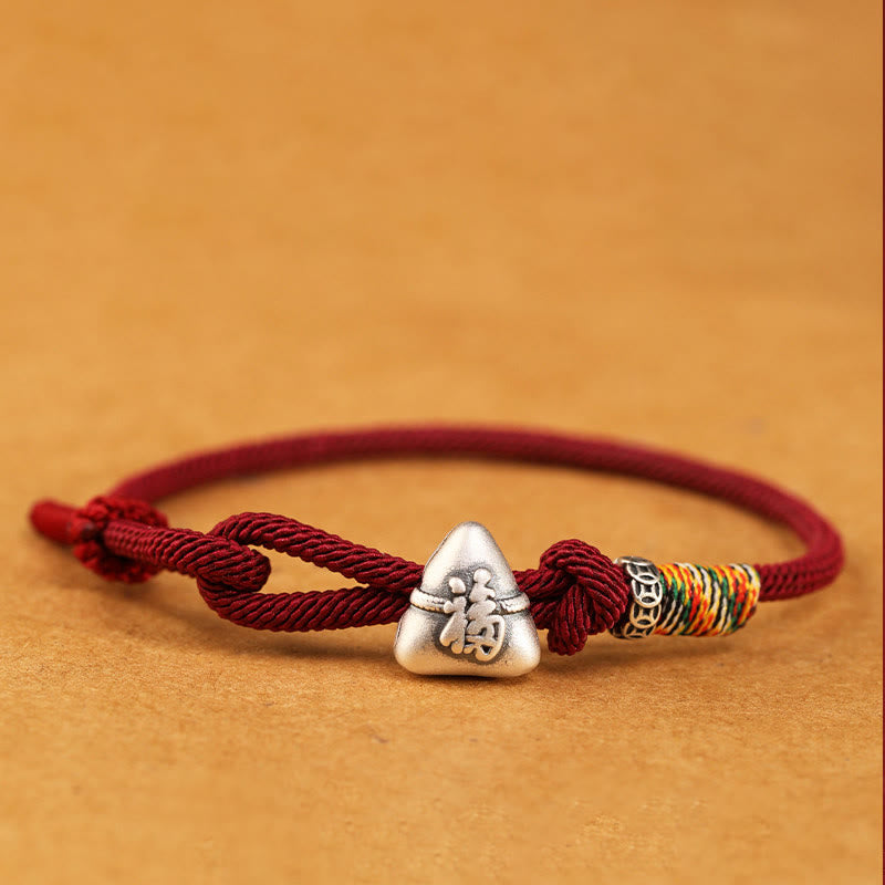Buddha Stones 999 Sterling Silver Fu Character Zongzi Fortune Luck Rope Bracelet
