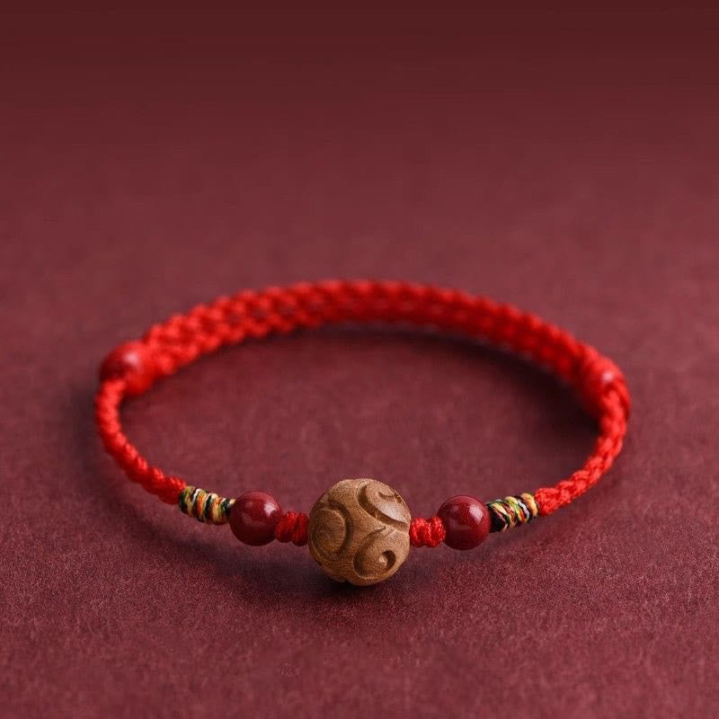 Buddha Stones Carved Auspicious Pattern Natural Peach Wood Rope Luck Bracelet