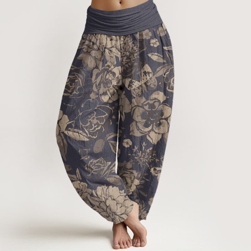 Buddha Stones Cotton Casual Peony Flowers Leaves Women's Elastic Waist Harem Pants