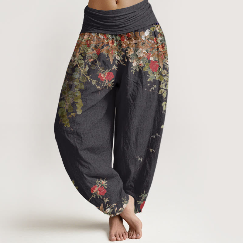 Buddha Stones Cotton Casual Red Peony Flower Vine Design Women's Elastic Waist Harem Pants