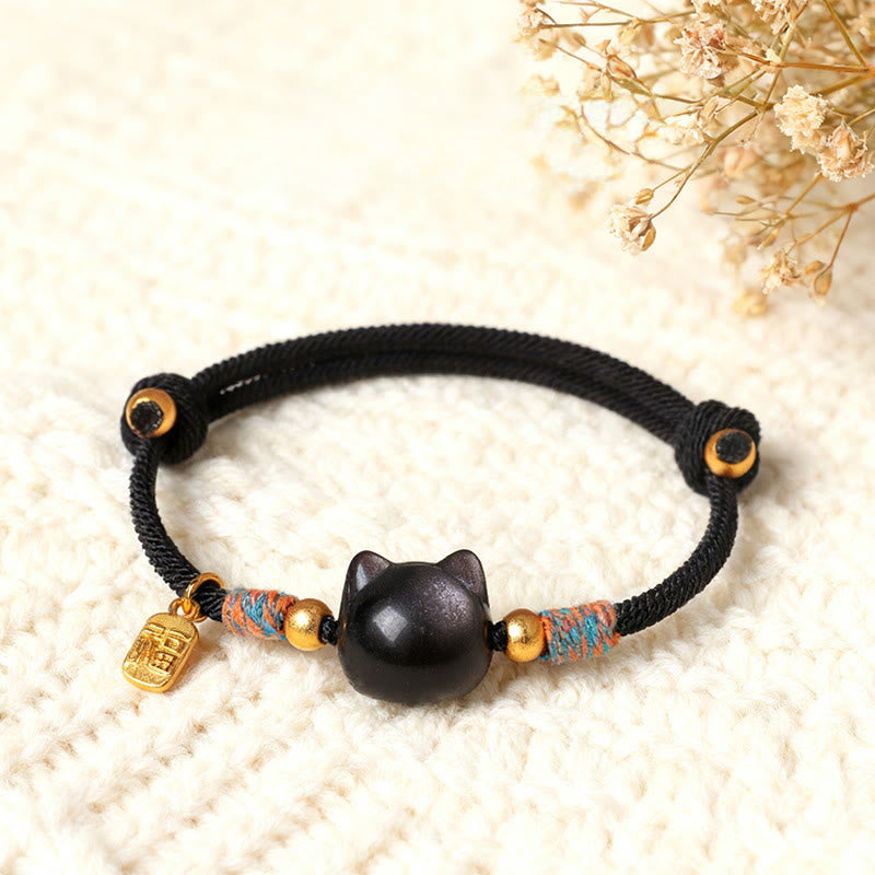 Buddha Stones Cat Fu Character Silver Sheen Obsidian Pink Crystal String Protection Bracelet