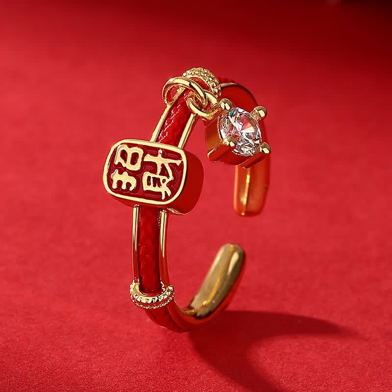 Buddha Stones Copper Alloy Red String Lucky Wealth Charm Ring