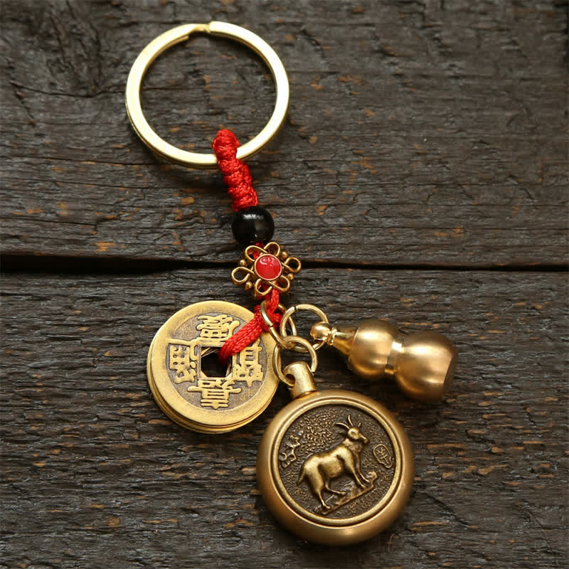 Buddha Stones Copper Chinese Zodiac Five Emperor Coins Red String Wealth Keychains