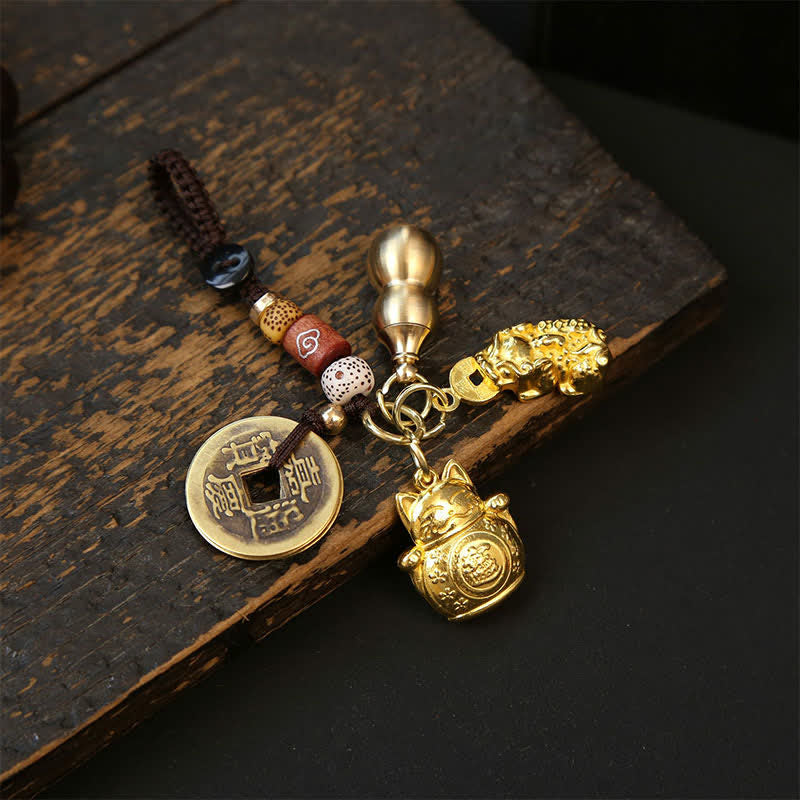Buddha Stones Copper Lucky Cat Chinese Coin Gourd Pi Xiu Braided Keychains