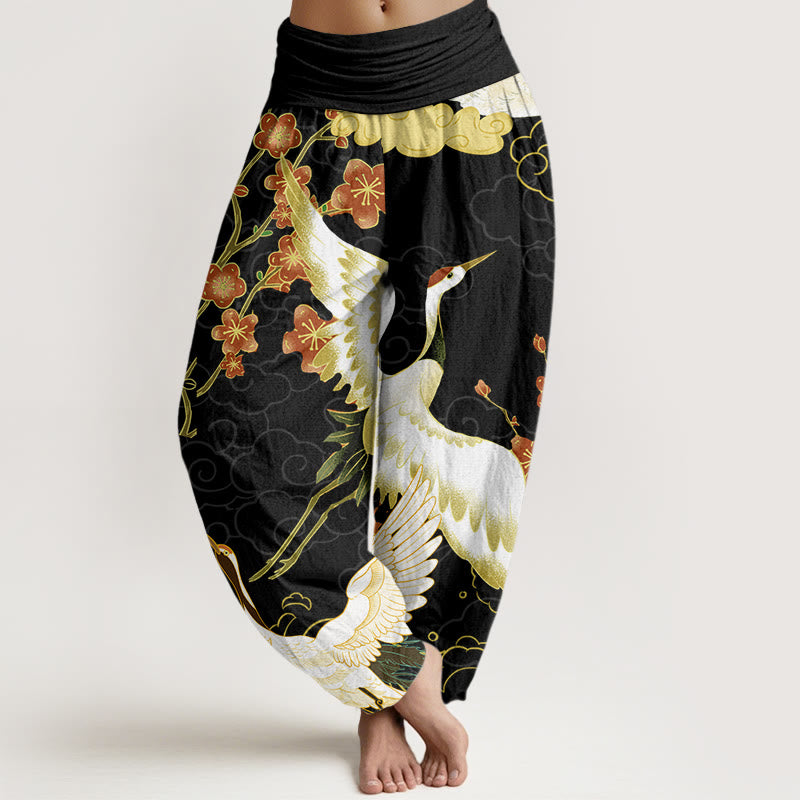 Buddha Stones Cotton Cranes Flowers Auspicious Clouds pattern Women's Elastic Waist Harem Pants