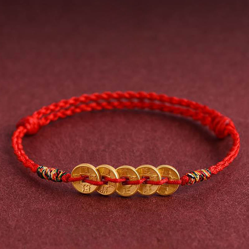 Buddha Stones Five Copper Coins Design Braided String Protection Bracelet Anklet