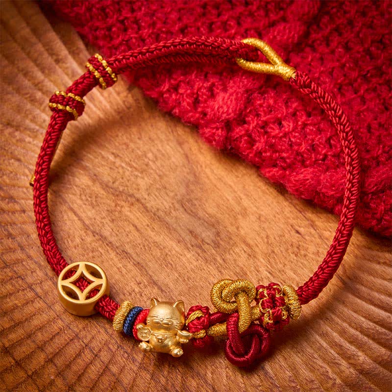 Buddha Stones Golden Lucky Cat Red String Protection Braided Bracelet