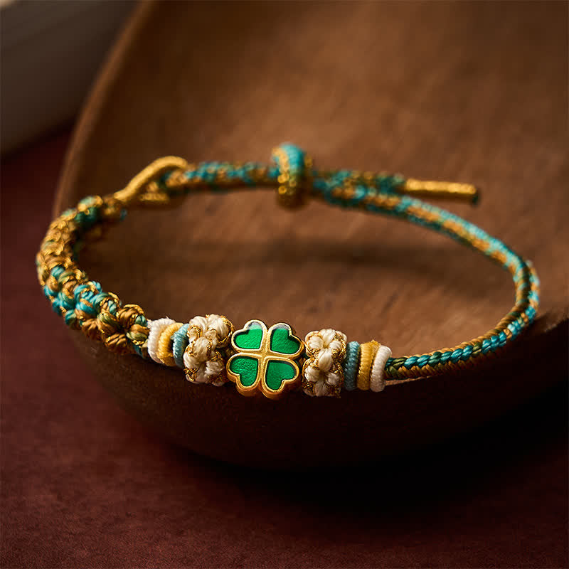 Buddha Stones Hand-Woven Multicolor Peach Blossom Heart-Shaped Green Four Leaf Clover Luck Rope Bracelet