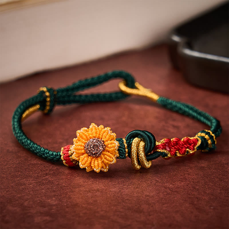 Buddha Stones Hand-Woven Red String Peach Blossom Sunflower Luck Bracelet