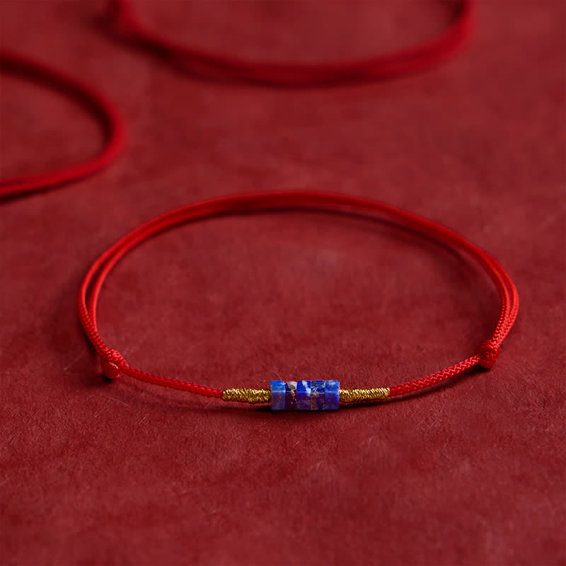 Buddha Stones Hand-Woven Ultra-fine Small Square Shape Lapis Lazuli Red String Luck Bracelet