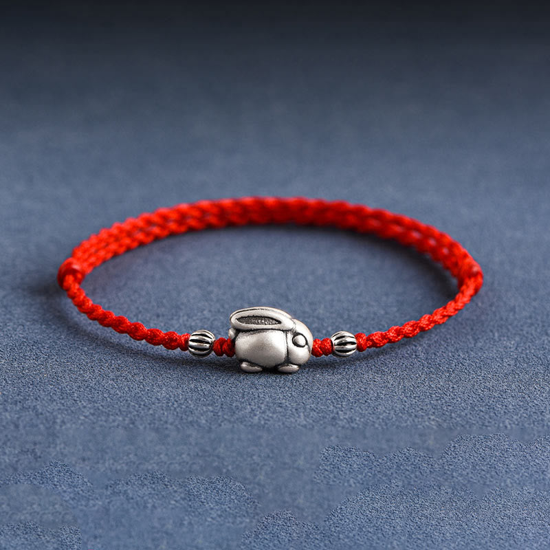 Buddha Stones Handmade 999 Sterling Silver Rabbit Luck Rope Bracelet Anklet