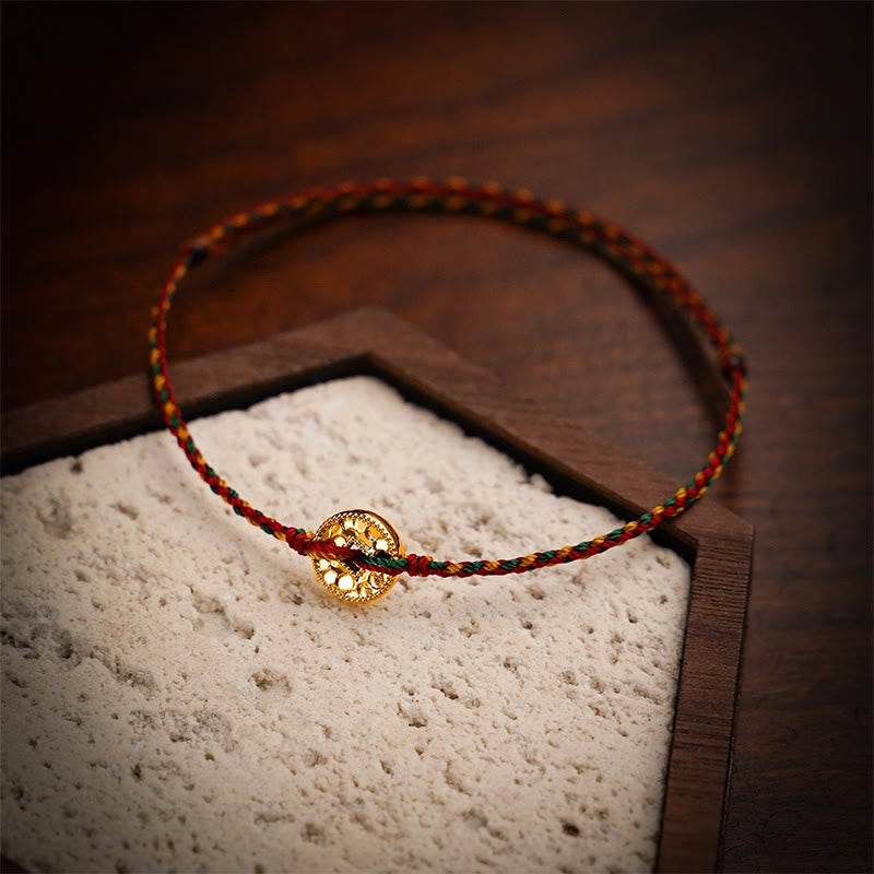 Buddha Stones Handmade Copper Coins Charm Connection Braided String Adjustable Bracelet Anklet