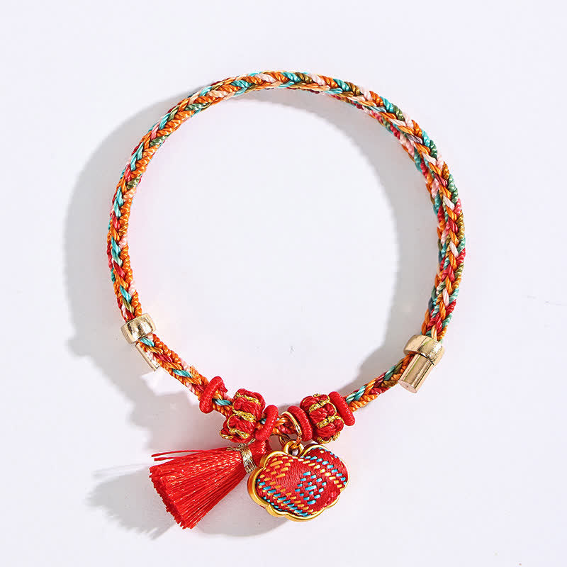 Buddha Stones Handmade Five-Color Cord Luck Red Song Brocade Chinese Lock Charm Apple Money Bag Gourd Zongzi Braided Bracelet 3
