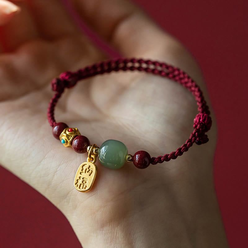 Buddha Stones Lucky Fortune Charm Hetian Cyan Jade White Jade Multicolored Braided String Prosperity Bracelet 2
