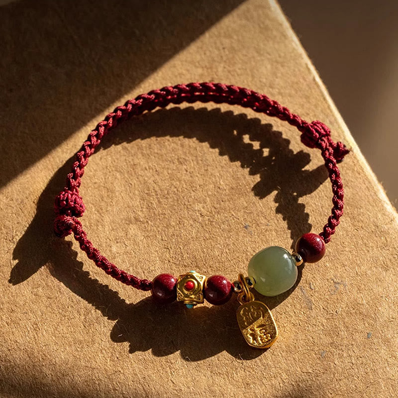Buddha Stones Lucky Fortune Charm Hetian Cyan Jade White Jade Multicolored Braided String Prosperity Bracelet 3