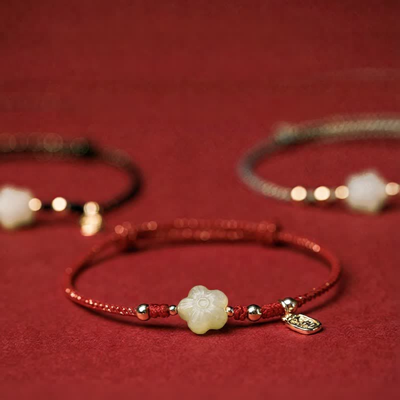Buddha Stones Lucky Hetian Cyan Jade Floral Adjustable Cord Protection Bracelet