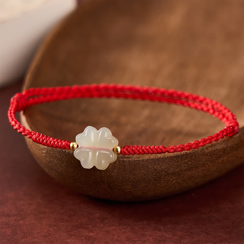 Buddha Stones Natural Hetian Jade Lucky Four-leaf Clover Bracelet