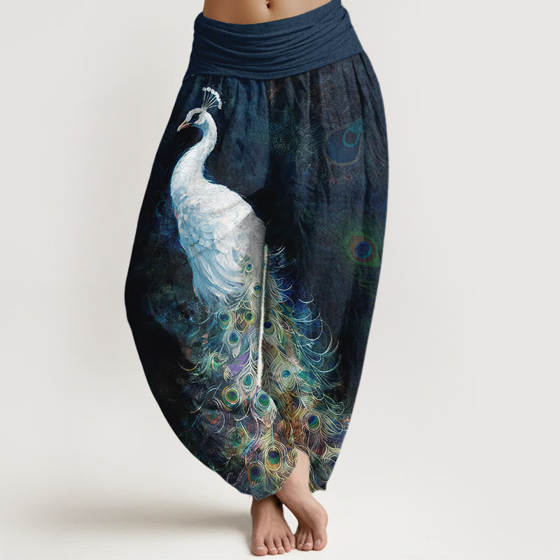 Buddha Stones Pure Cotton Gorgeous Peacock Pattern Women's Elastic Waist Harem Pants
