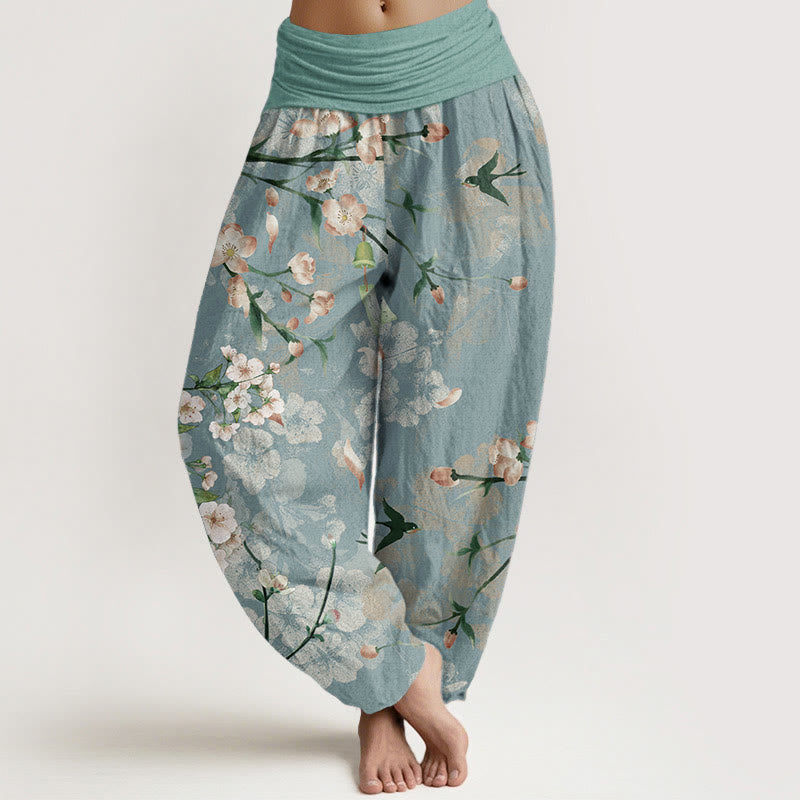 Buddha Stones Pure Cotton Peach Blossoms Flying Geese Pattern Women's Elastic Waist Harem Pants