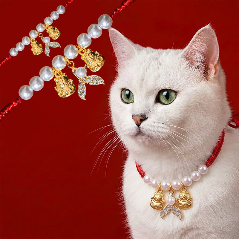 Buddha Stones Red String Plaited Pearl Fish Tail Protection Adjustable Cats Pet Collar