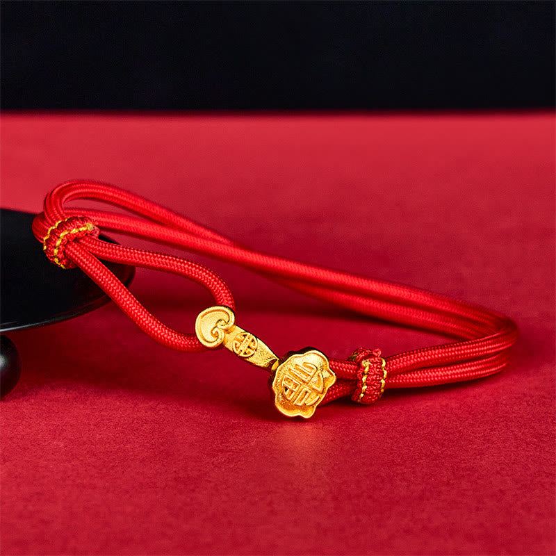 Buddha Stones Ruyi Handle Fu Character Copper Plated Gold Rope Adjustable Luck Bracelet