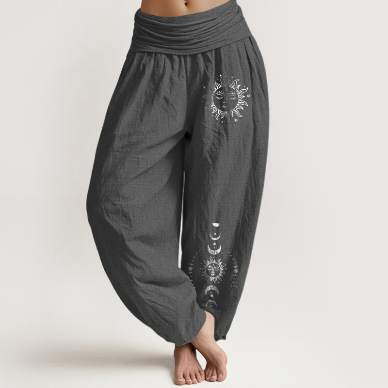 Buddha Stones Sun Moon Stars Pattern Women's Elastic Waist Harem Pure Cotton Pants